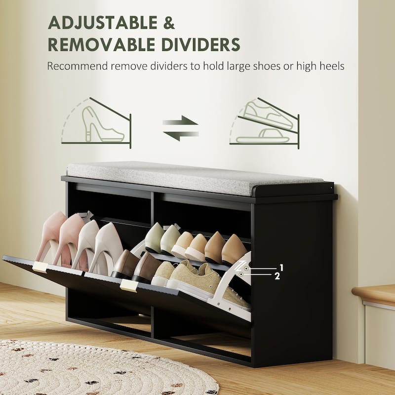 Cushion Seating Shoe Bench with Storage Drawers and Beadboard Panel Perfect Holds Up to 10 Pairs - 40.9" W x 10.2" D x 18.7" H