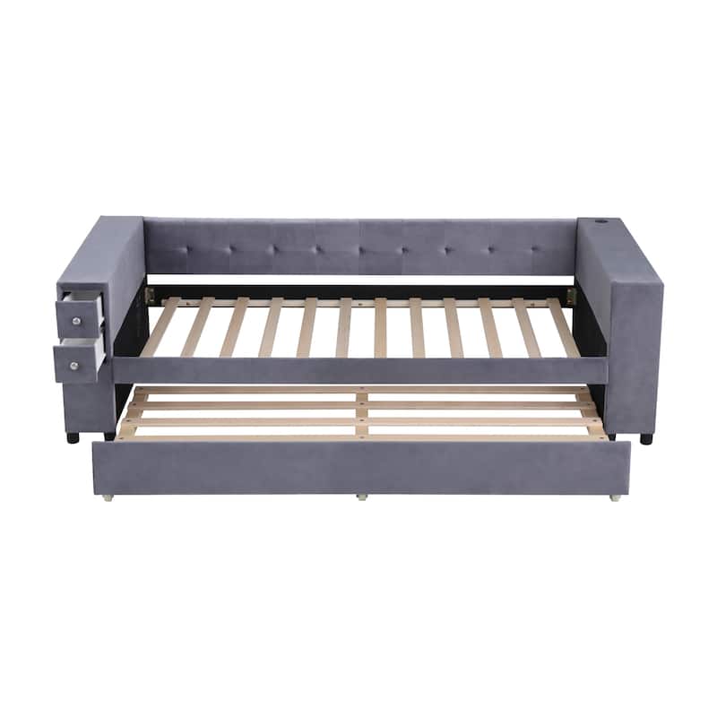 Roomfitters Twin Upholstered Bed with Storage, Twin Trundle, USB Charging Ports, and Luxurious French Velvet Fabric