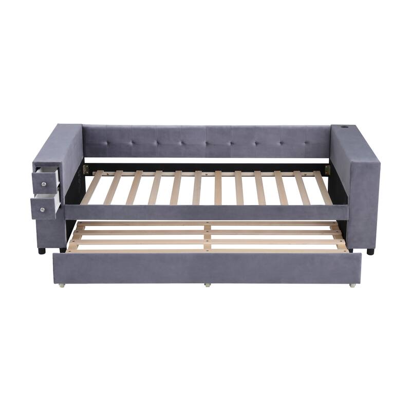 Twin Velvet Upholstered Platform Bed with Trundle, USB Charging, Storage Drawers, Beige/Gray