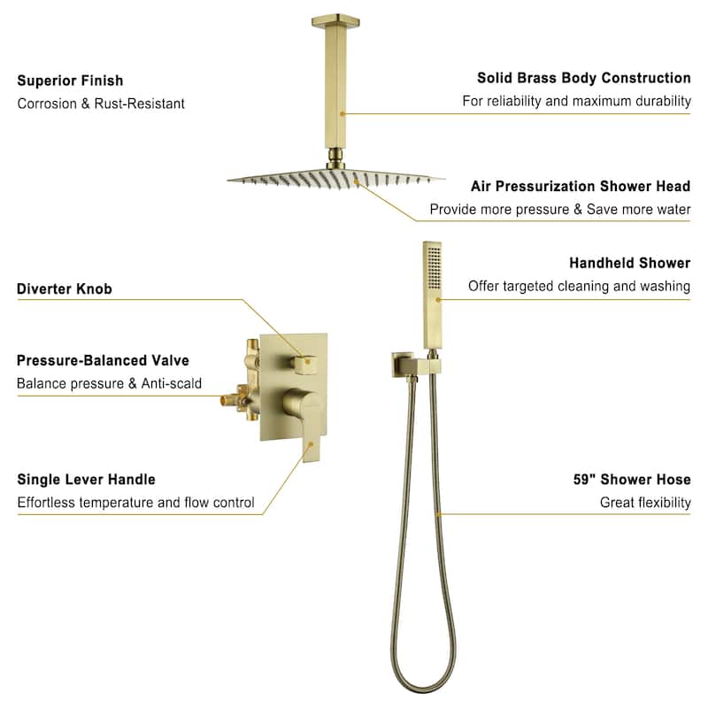 CASAINC 10 in. Ceiling Mount Shower Faucet with 360° Swivel in Brushed Gold
