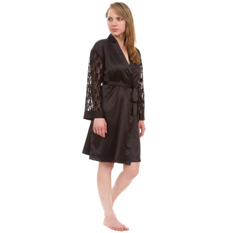 Leisureland Lace Sleeve Matte Satin Knee-Length Robe