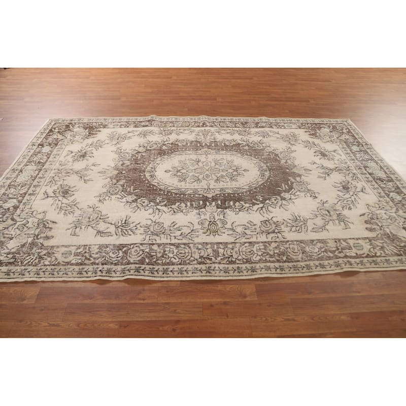 Distressed Ivory Sparta Turkish Vintage Area Rug Handmade Wool Carpet - 5'9"x 9'2"