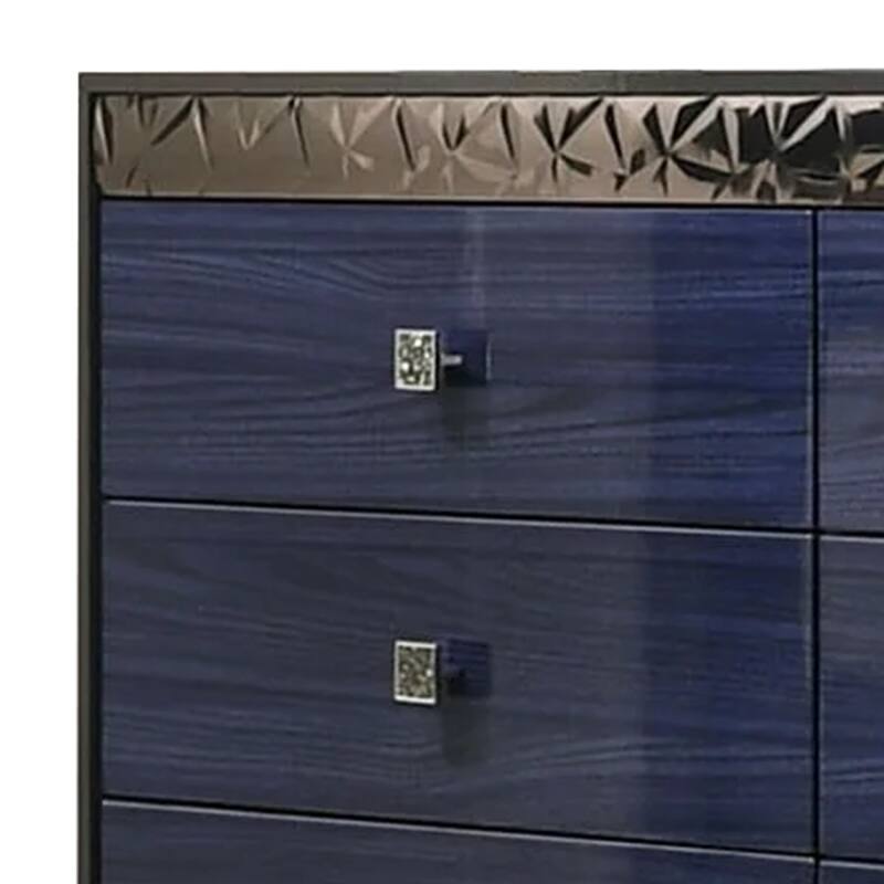 Cote 6 Drawer Dresser, Ash Gray, Indigo Blue Solid Wood, Chrome