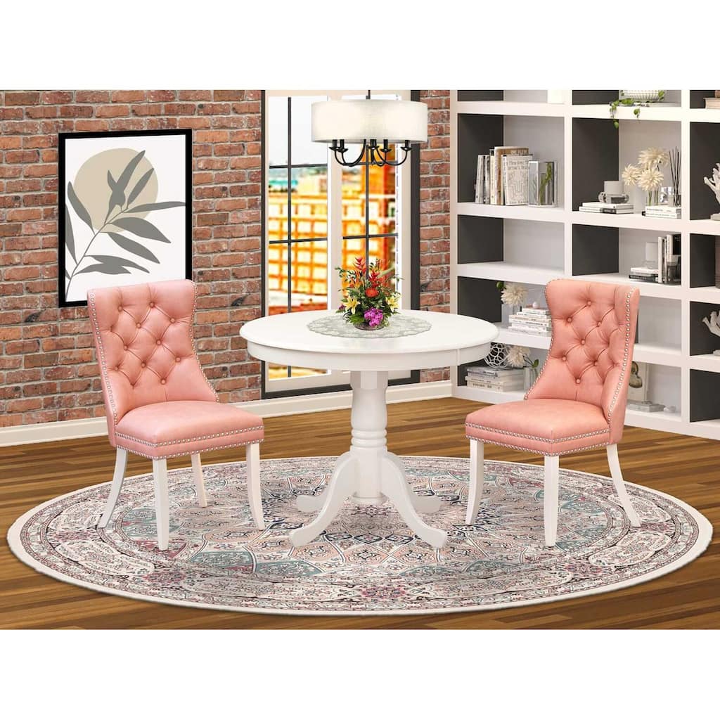 3-Piece Linen White Finish Solid Wood Top - Round Upholstered Dining Room Set - (Seats-4)