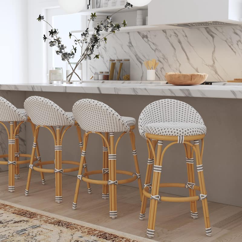 Inez 24 in. Seat Height Rattan Low Back Counter Stool - White/Gray Dot/Natural Rattan Frame