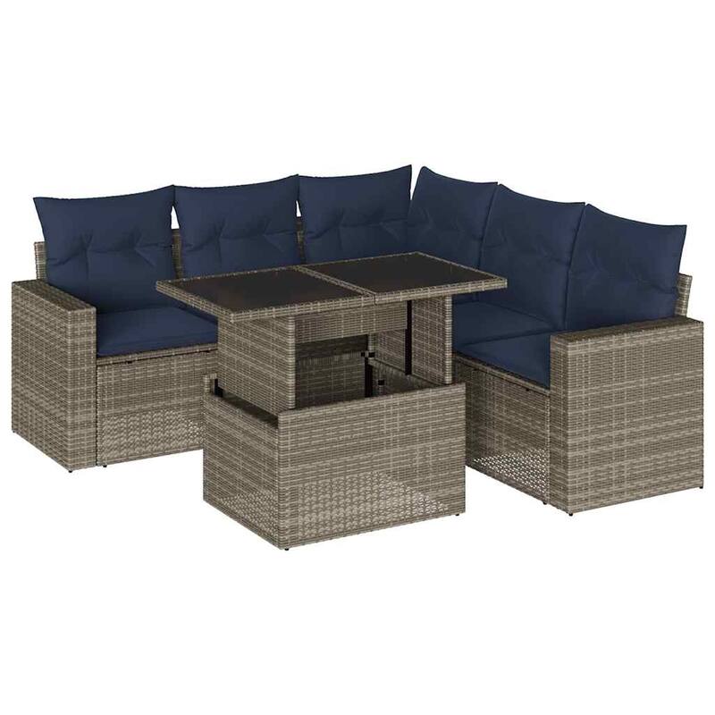 vidaXL 6 Piece Patio Sofa Set with Cushions Black/Brown/Gray Poly Rattan - 24.4 x 24.4 x 27.2