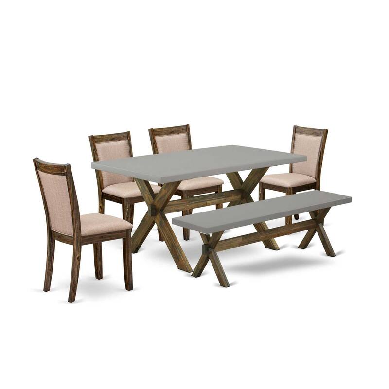 HomeStock 6-Piece Rectangle Distressed Jacobean Finish Solid Wood Top Dining Table with 1-Bench, 4-Chairs