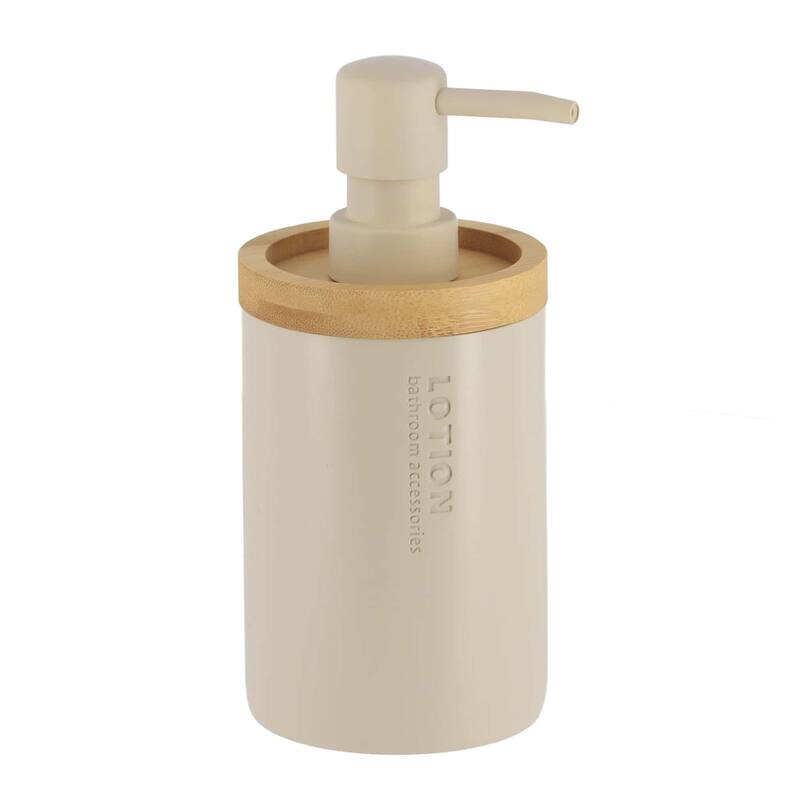 Elegant Soap Dispenser - Polyresin and Bamboo Design, Refillable Liquid Pump - 3 L x 3 W X 7 h