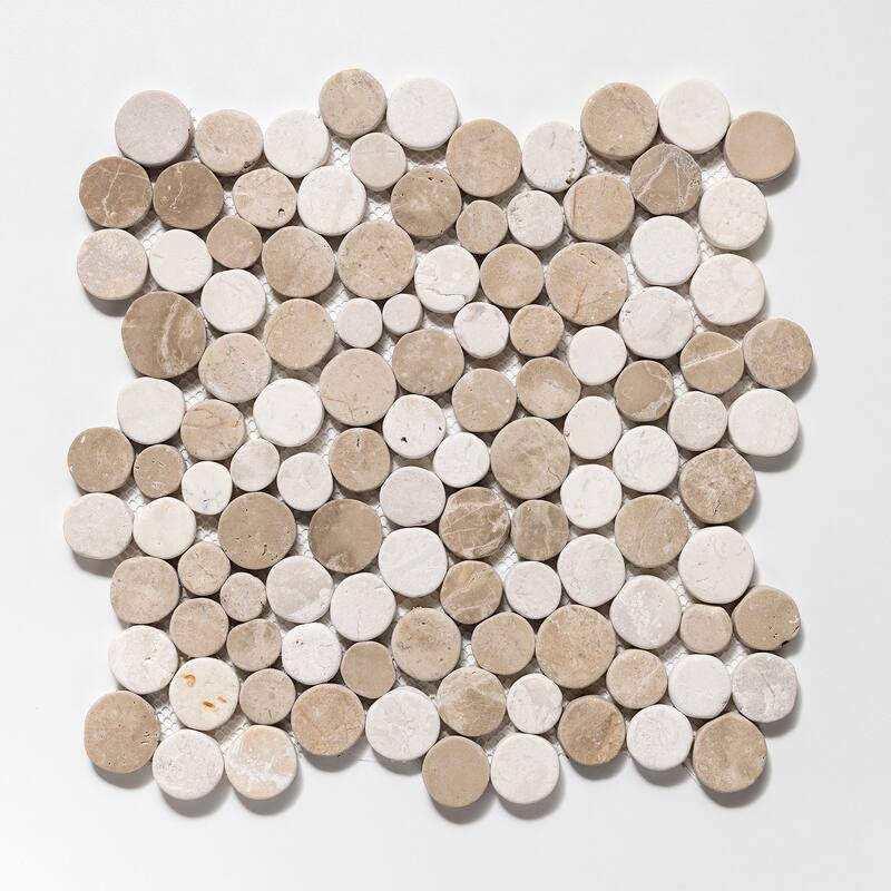 Penny Rounds 11 in. x 11 in. Honed Marble Mesh-Mounted Mosaic Wall and Floor Tile - Tan & Off-White - 11 in. x 11 in.