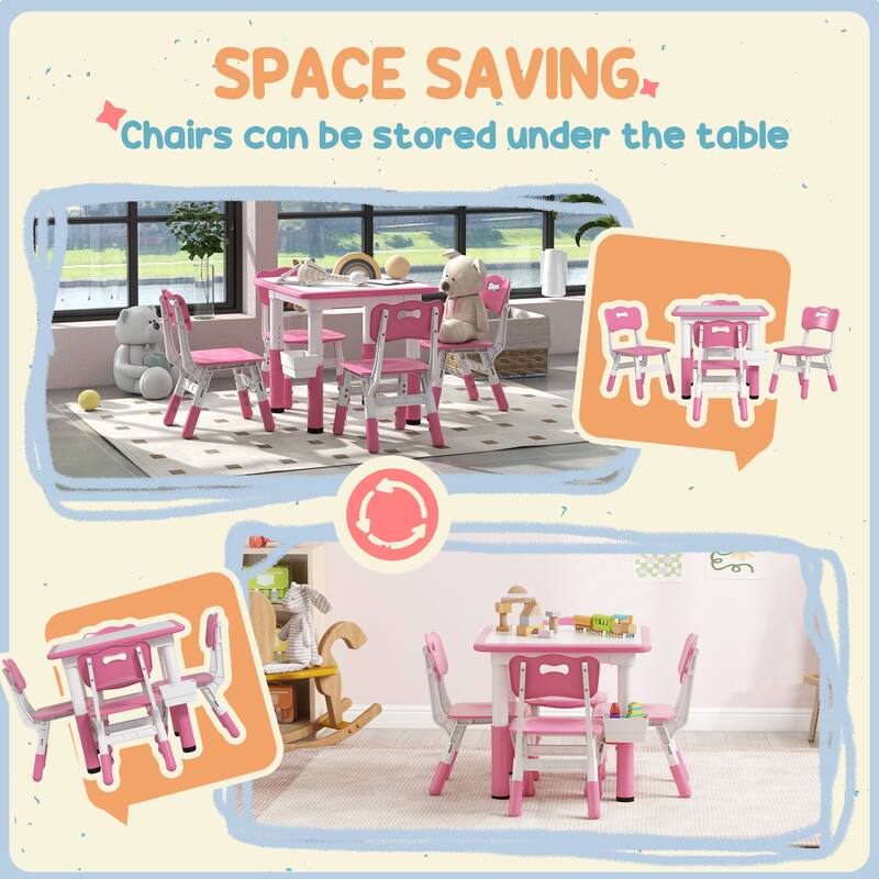 Kids Adjustable Table and 4 Chair Set with Storage Box Pink Activity Play Furniture for Toddlers and Preschoolers