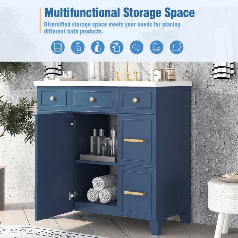 Modern 36-Inch Free-Standing Vanity with Single Sink, Storage Drawers & Adjustable Shelf