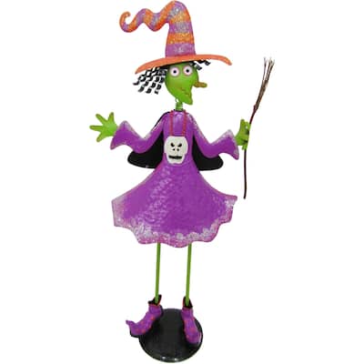 Haunted Hill Farm 28-In. Iron Witch Holding a Broomstick with Removable Yard Stake for Indoor or Outdoor Halloween Decoration