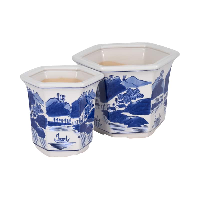 Sagebrook Home's Ceramic Set of 2 Fluted Chinoiserie Planters, Exquisite Blue and White, Perfect for Home Decor - 8" x 8" x 6"