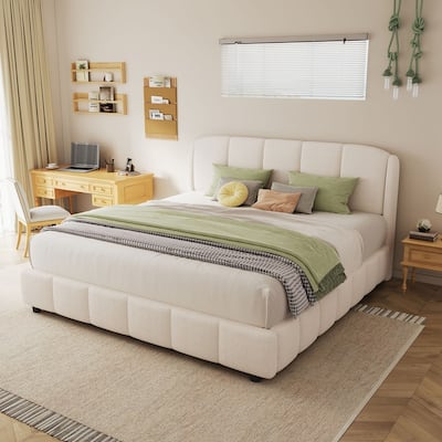 Queen Size Boucle Fabric Upholstered Platform Bed with Curve-Shaped Headboard