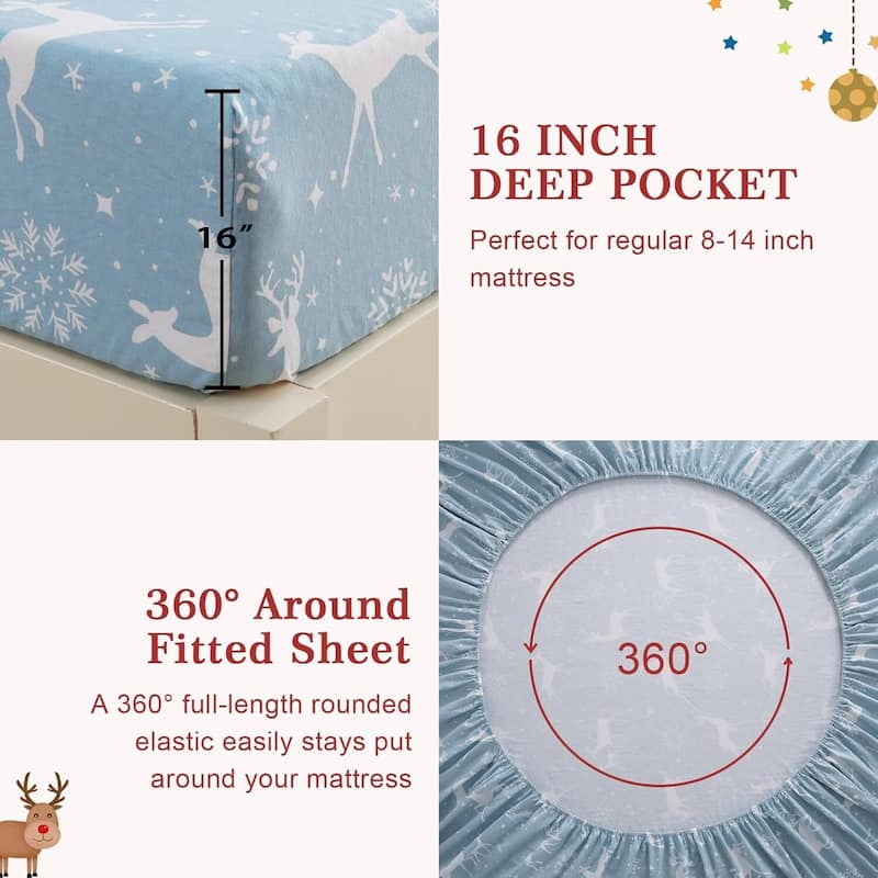 Christmas Soft Brushed Microfiber Holiday Bed Sheets Set, Light Blue