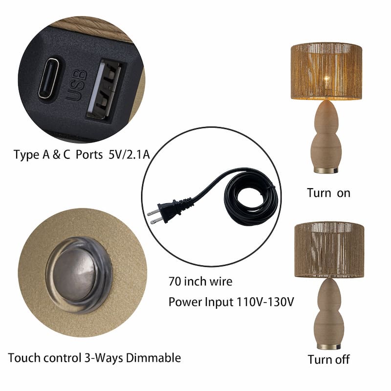 Brise 27" Rattan Table Lamp with USB 3-Way Touch Dimmer