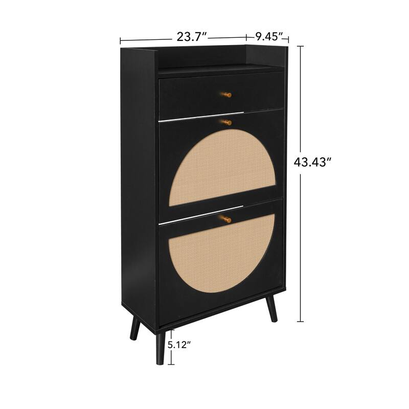 Anmytek Black Rattan Shoe Cabinet with Flip Doors 43 Inch Entryway Storage Organizer