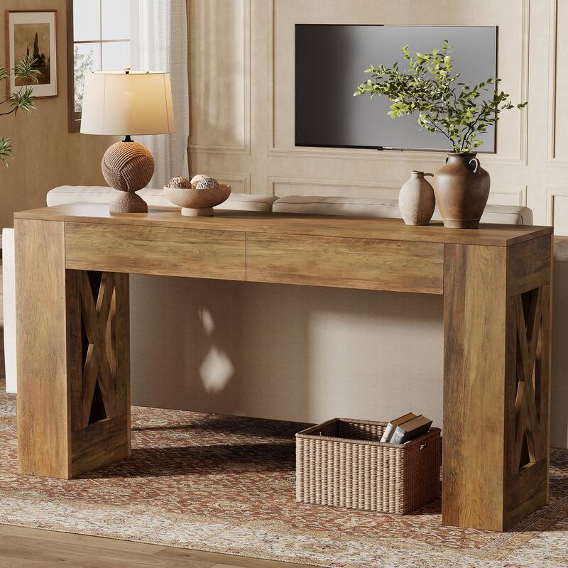 63-Inch Long Console Table, Farmhouse Entryway Table with 2 Drawers