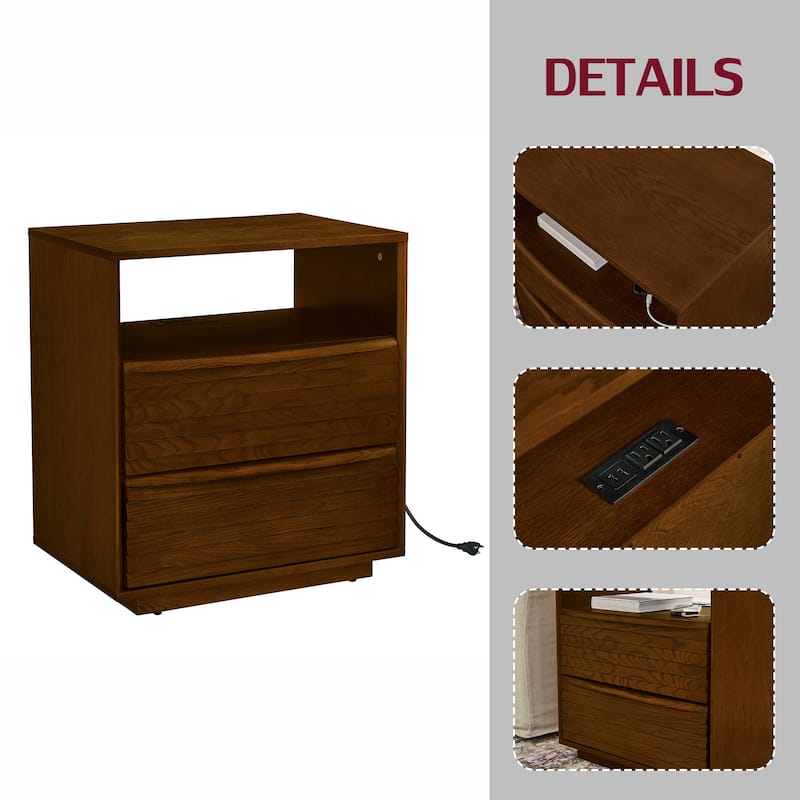 Nightstand with Charging Station and Outlet Hole and 2 Solid Wood Drawers