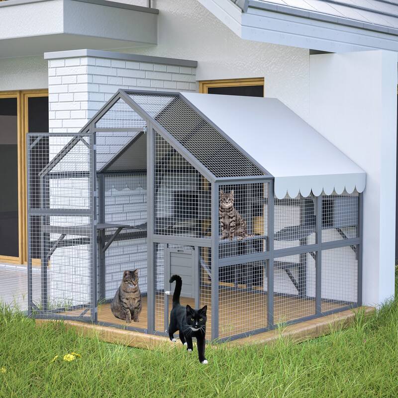 Premium Outdoor Cat Run - 82" Wooden Catio Mansion with Bridges, Paths, Cabins & Roof Cover