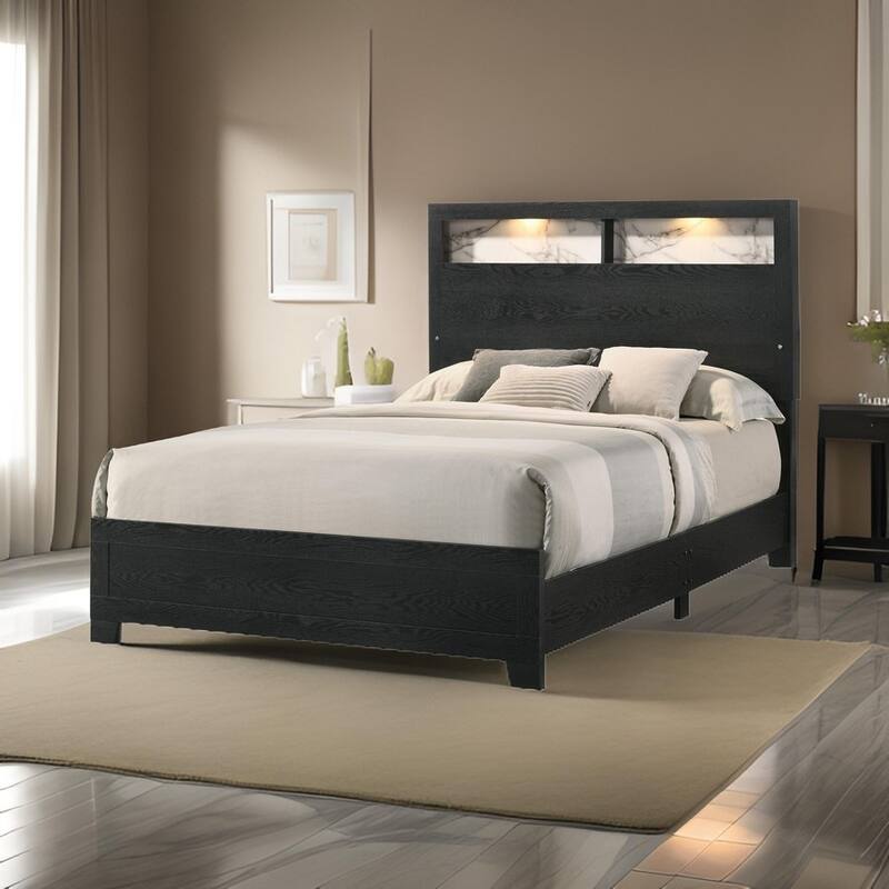 Yoh Queen Size Bed, Wood, Headboard with Lights and Shelves, Black