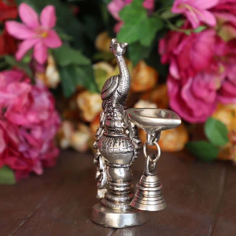 Cottage Handicraft - Silver Plated Peacock Diya with Free Elephant Gift