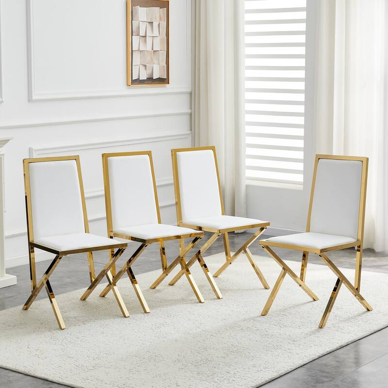 4-Pack Metal Framed PU Dining Chairs: Ergonomic Design, A Simple And Luxurious Choice Featuring Unique Gold Legs - White+Gold