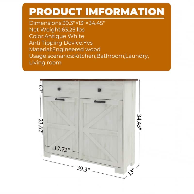 Farmhouse Double Tilt Out Trash Cabinet with Drawer for Kitchen Laundry