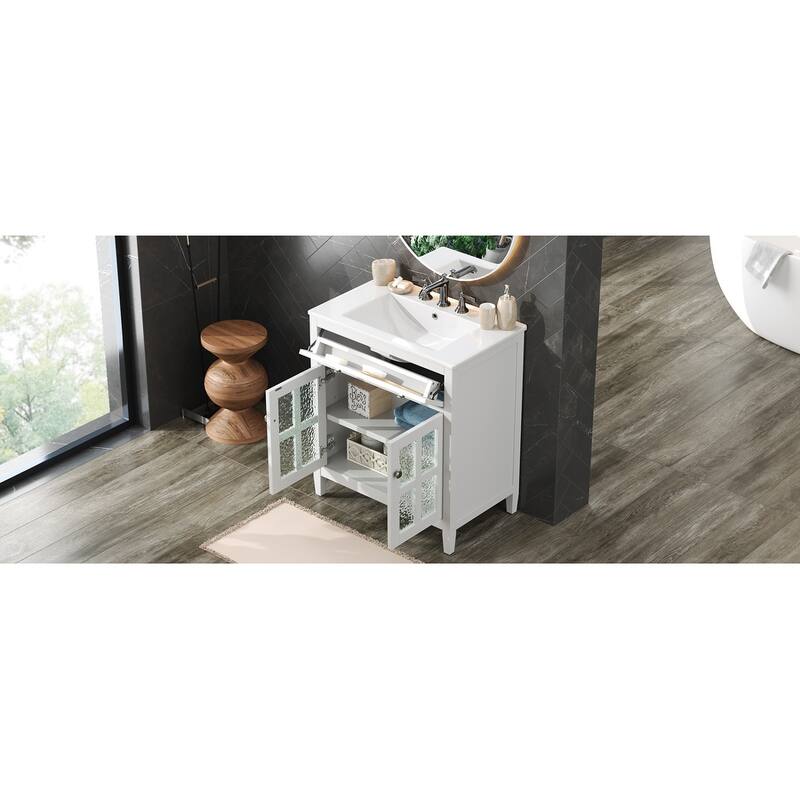 30" Vanity with Ceramic Sink, Equipped with Adjustable Shelf and Tip-Out Tray,with Solid Wood Legs,Metal Knobs and Close Hinges