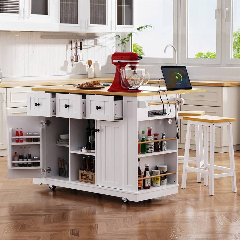 3-Piece/1 Piece Kitchen Island Set with/without 2 Bar Stools, Kitchen Cart on Wheels with 3 Drawers, Drop Leaf & Open Side Racks - Kitchen island Set-White