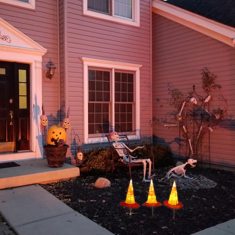 National Tree Company Halloween Garden Stake Decoration, Orange, Candy Corn Witches Hats, LED Lights, Battery Operated, 23 in.