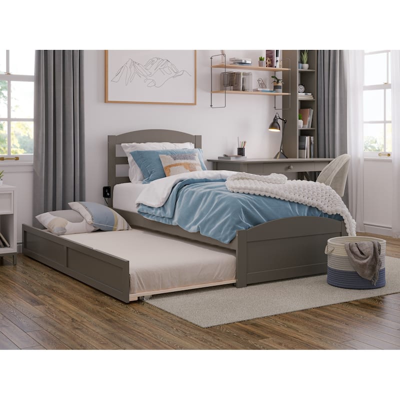 Platform Bed with Trundle & Charging Station - Twin Size Grey - Slat Kit Included