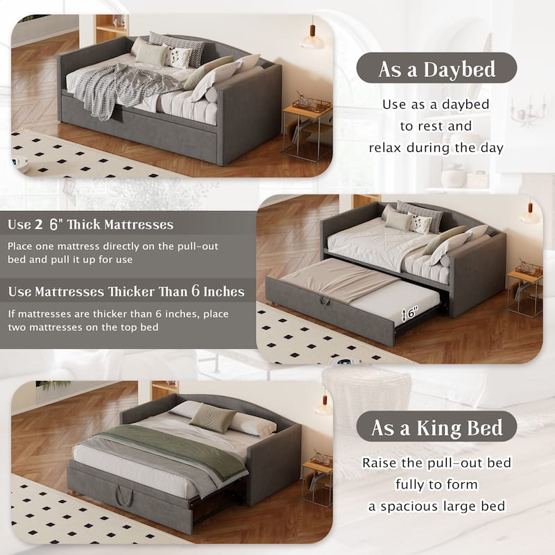 Daybed with Extended Pop Up Trundle, Twin to King Size Velvet Sofa Bed with Soft Padded Armrests