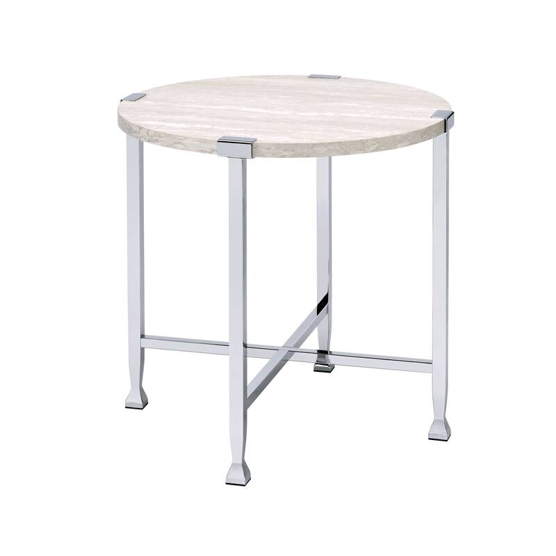 End Table with X Shaped Metal Base and Round Wooden Top,Silver and Beige
