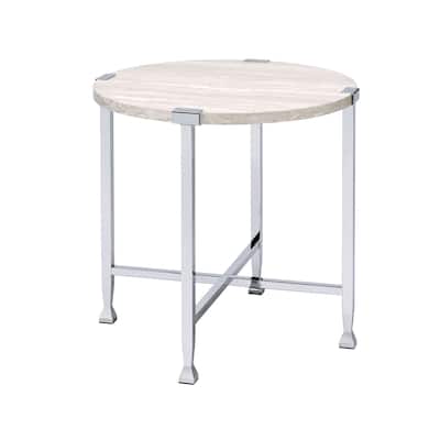 End Table with X Shaped Metal Base and Round Wooden Top,Silver and Beige