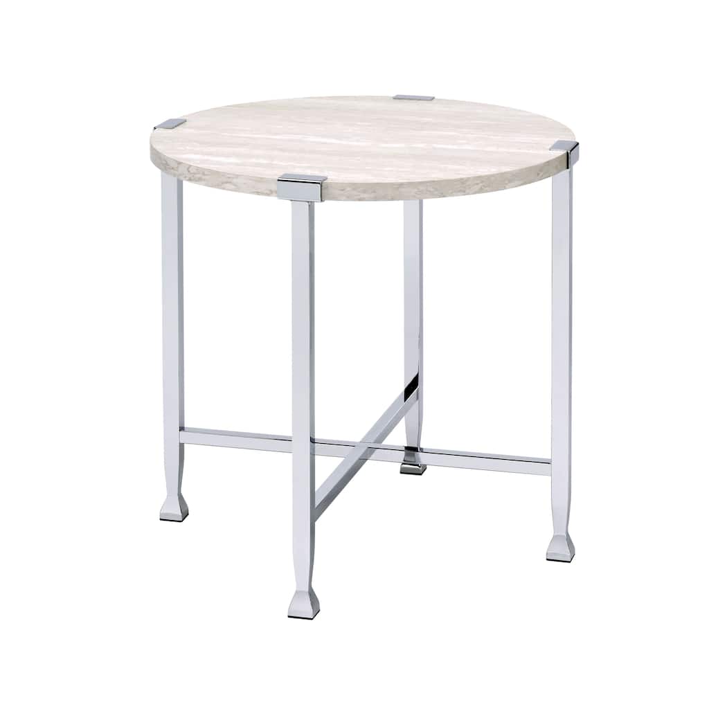 End Table with X Shaped Metal Base and Round Wooden Top,Silver and Beige