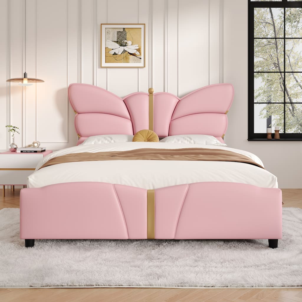 Butterfly Shaped Queen Size PU Leather Bed Frame with Gold Decorations, No Box Spring Needed, Light Pink