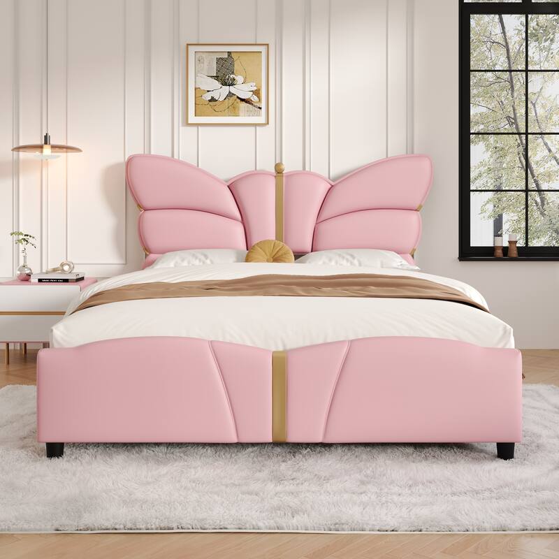 Full Size Upholstered PU Leather Bed Frame with Butterfly Headboard, Gold Metal Decorations, No Box Spring Needed, Light Pink - Light Pink