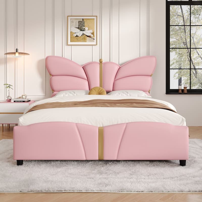 Roomfitters Queen Size Upholstered Platform Bed Frame with Butterfly Headboard, Faux Leather, Gold Accent Trim
