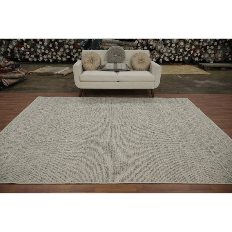Hand Knotted Oriental 100% Wool Carpet Modern Geometric Beige & Ivories Modern Gotti Design Area Rug - 9' 7'' X 7' 7''