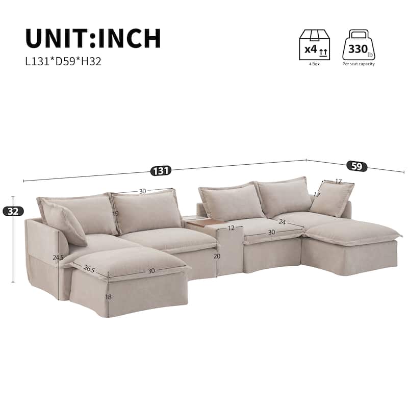 131" & 142" U-Shaped Modular Sectional Sofa - 6-Seat Chenille Couch with Ottoman, USB Charger, Cup Holder, Wide Seat, 2 Sizes