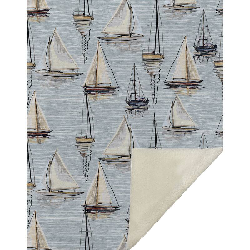 HomeRoots 50" X 70" Beige Ivory And Sky Blue Sailboat Microfiber Plush Throw Blanket