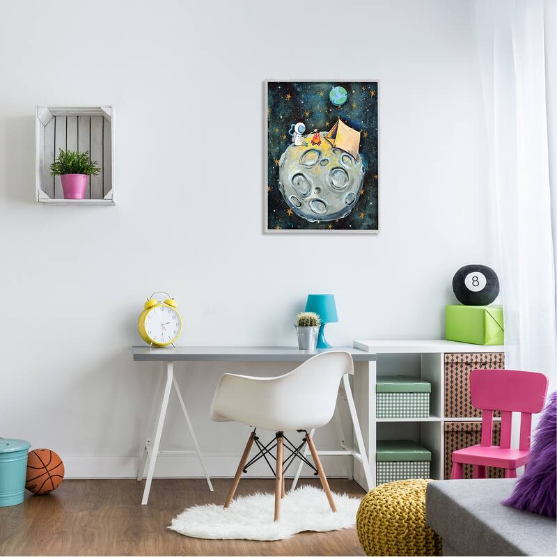 Stupell Astronaut Camping Moon Whimsical Stars Outer Space Framed Wall Art - Blue