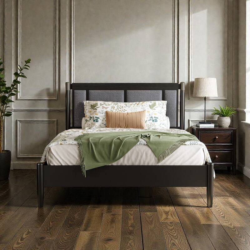 Solid Wood Platform Bed with Upholstered Headboard and Metal Handles, Heavy Duty 500 lbs Support, No Box Spring - Black - Queen