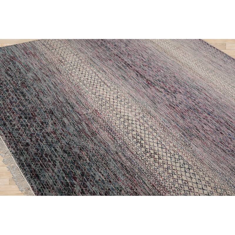 Beige Tibetan Wool & Bamboo Silk Hand Knotted Rug Geometric Style - 8' x 10'