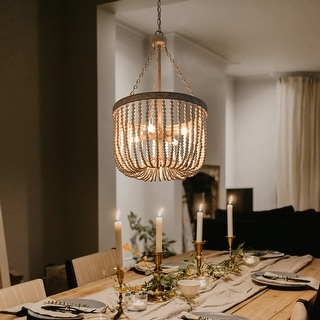 Boho Wood Beads 4-light Chandelier Empire Weathered Coastal Ceiling Light for Dining Room - D15.5"*H87"