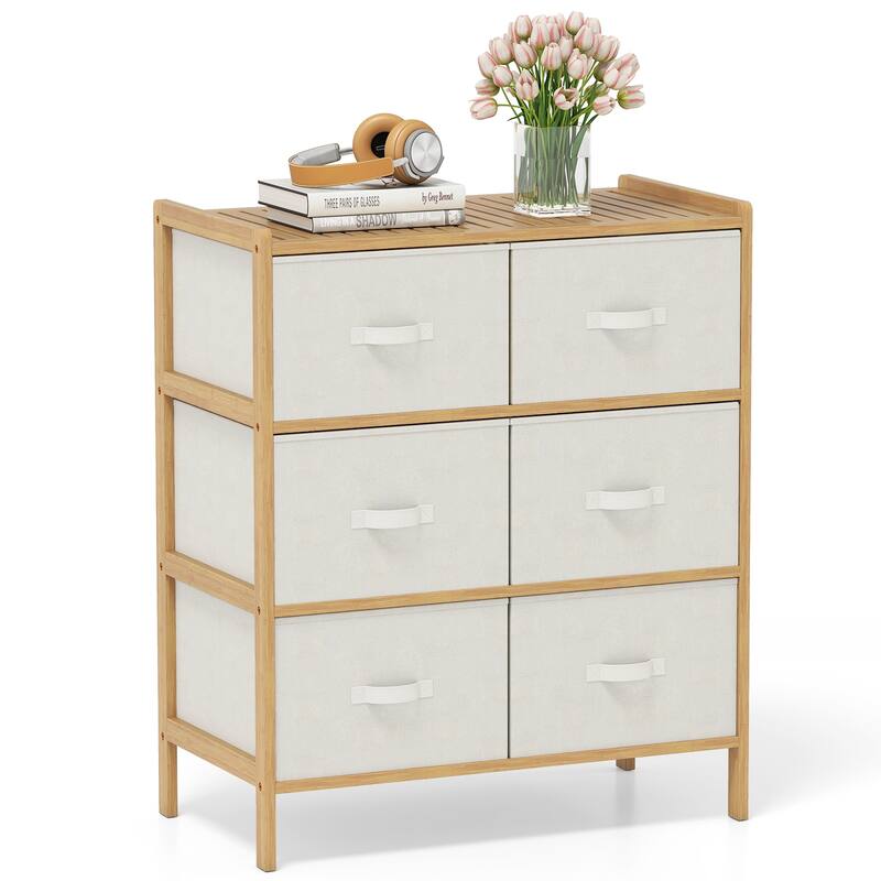 Gymax Fabric Dresser w/ 6 Drawers Bamboo Storage Tower w/ 6 Folding - 6-drawer - White+Natural