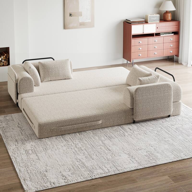 Chenille Convertible Sleeper Sofa Bed, Folding Sofa Bed with Cylindrical Pillow, Floor Upholstered Sofa with Side Pocket