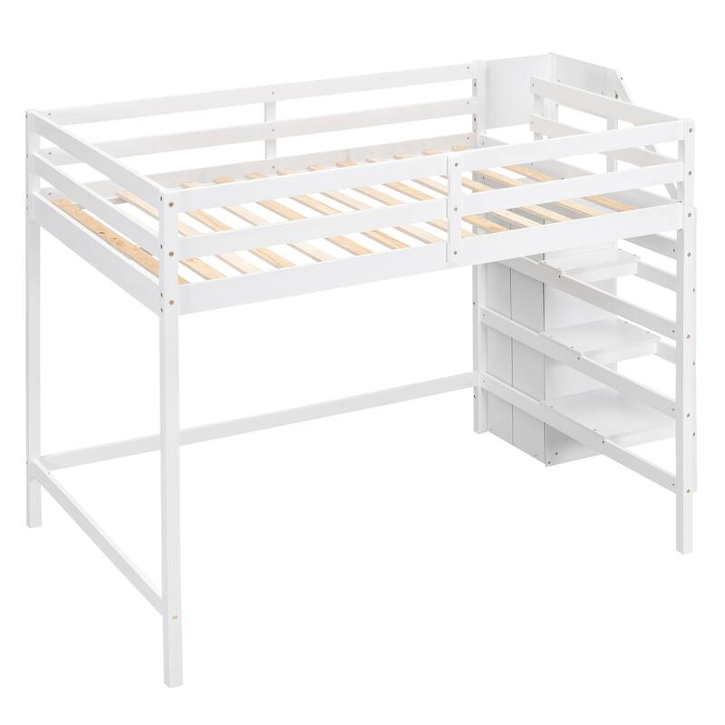 White Full Size Loft Bed with Storage Wardrobe & Staircase, Space-Saving Design