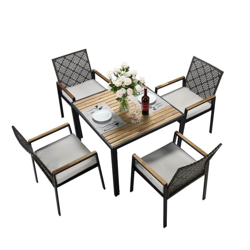 5-Piece All-Weather Outdoor Dining Set - Acacia Wood Table with Umbrella Hole & Rattan Chairs (Patio Conversation Group)‌ - Dark Brown